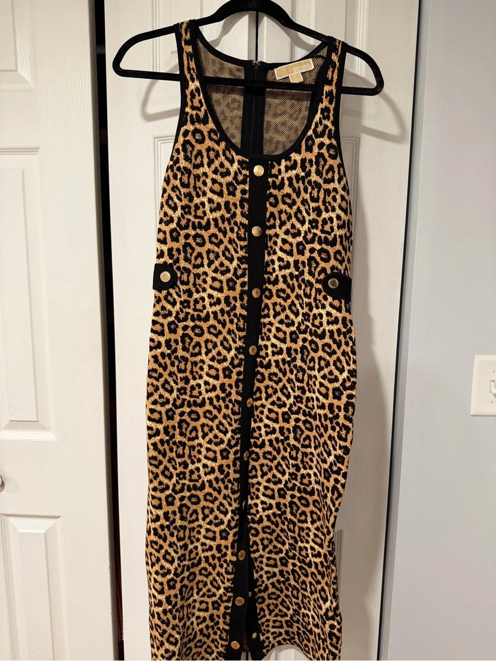 Michael Kors Leopard Print Button-Front Midi Dress with Black Trim